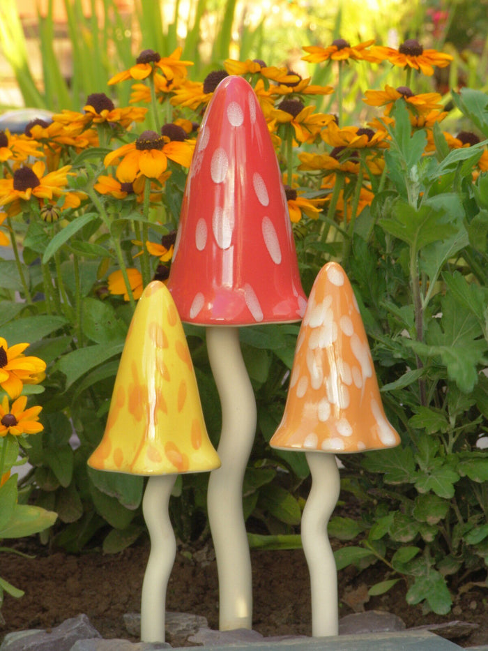 A set of 3 Chiming Ceramic Toadstools - Multi Colour