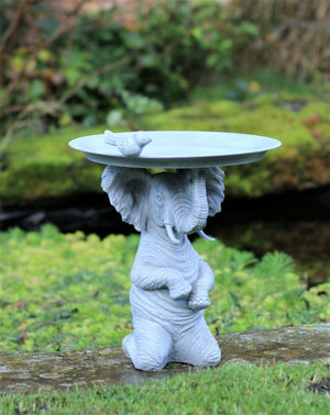 Grey Elephant Statue with Bird & Bath Feeder