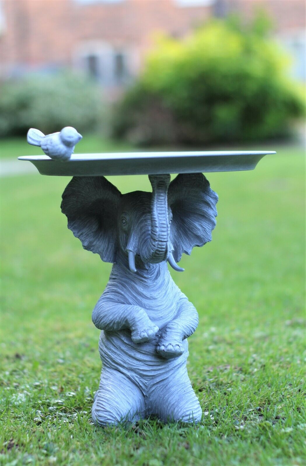 Grey Elephant Statue with Bird & Bath Feeder