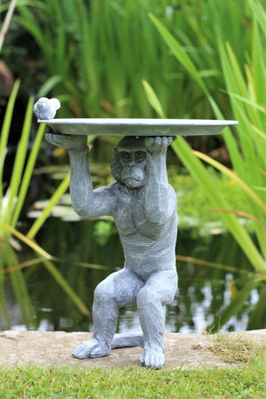 Grey Monkey Garden Ornament with Bird & Bath Feeder