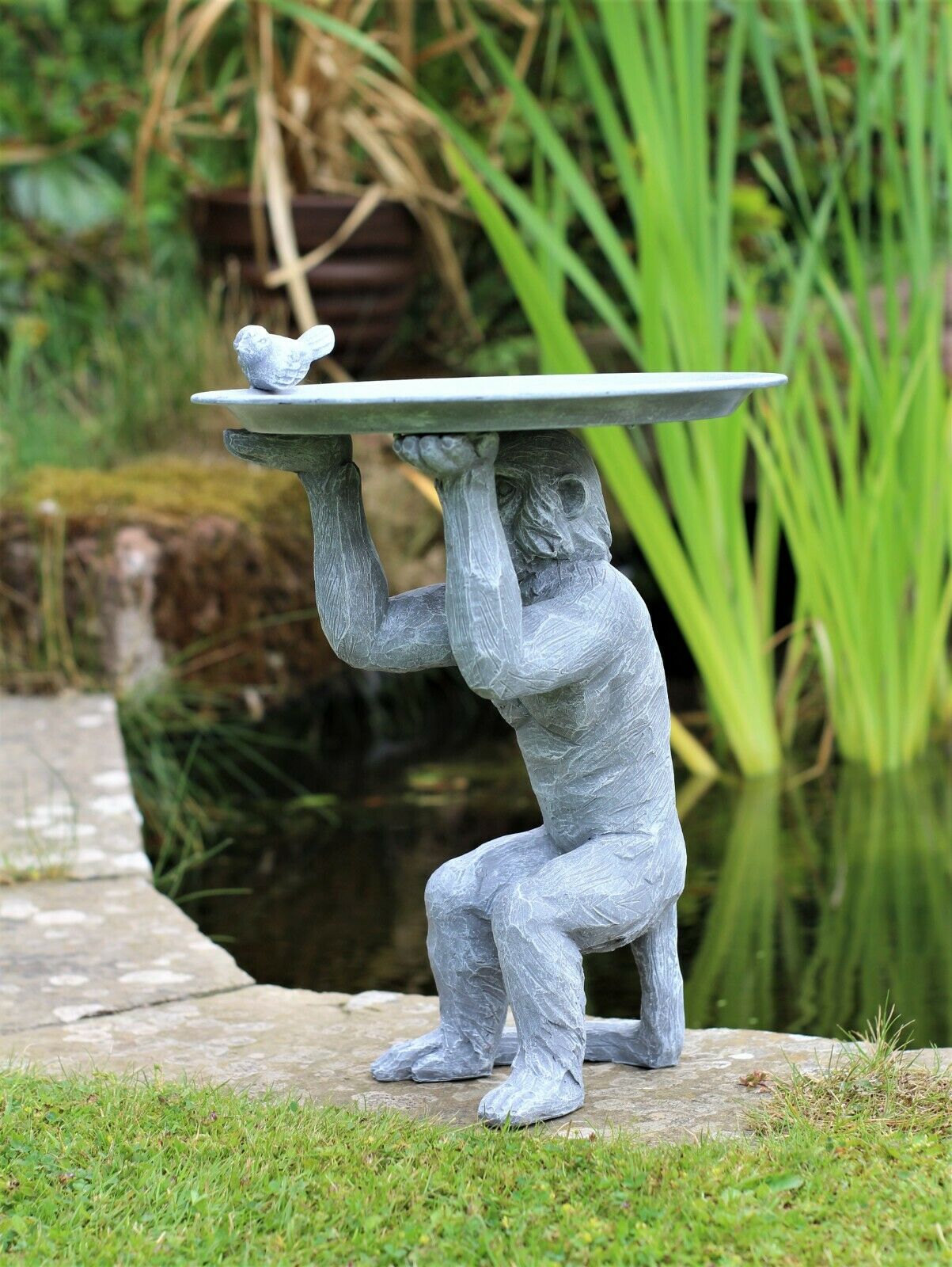 Grey Monkey Garden Ornament with Bird & Bath Feeder