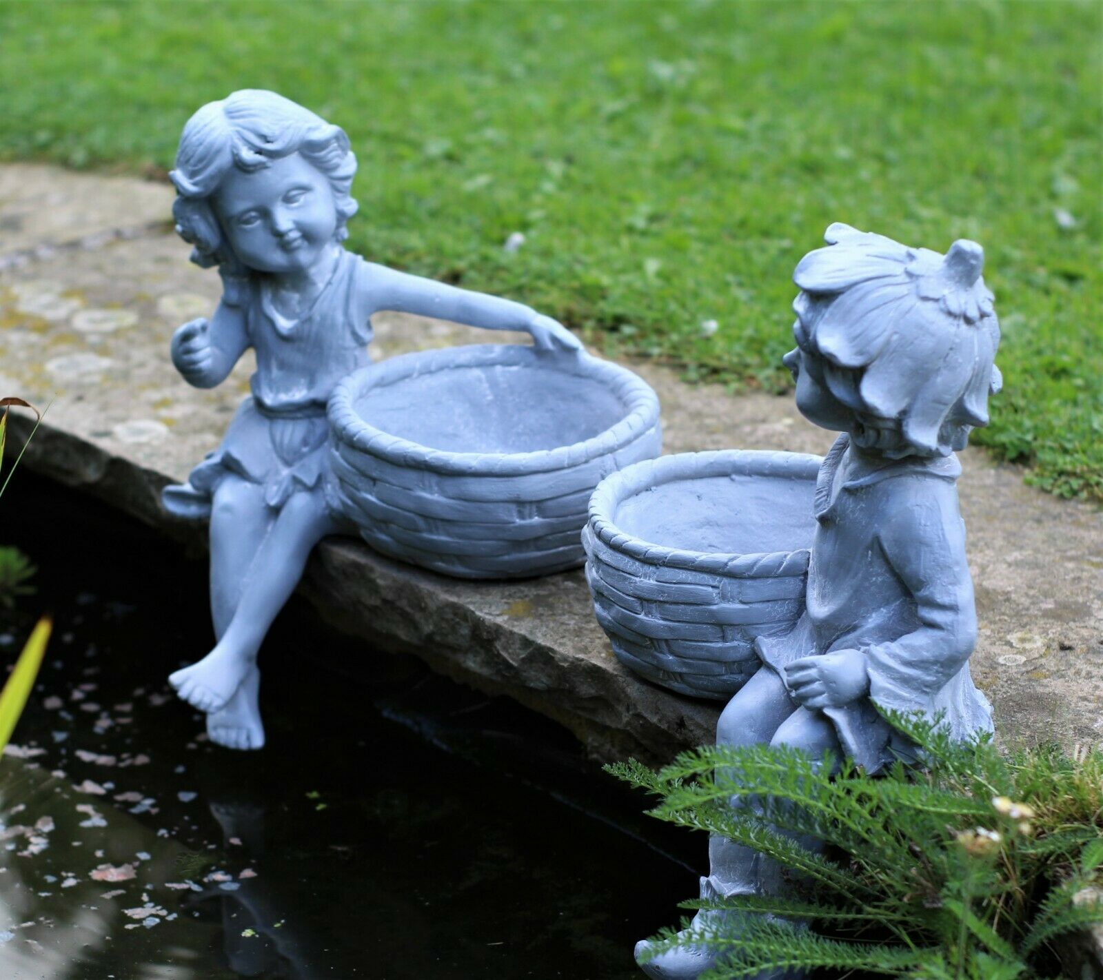 Boy and Girl Sitting Cherubs Grey Planter/Bird Feeder