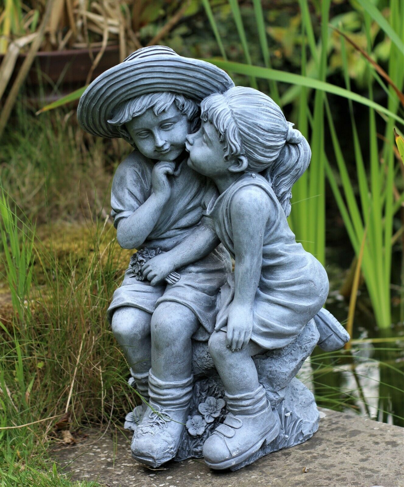 Grey Sitting Boy and Girl Garden Ornament