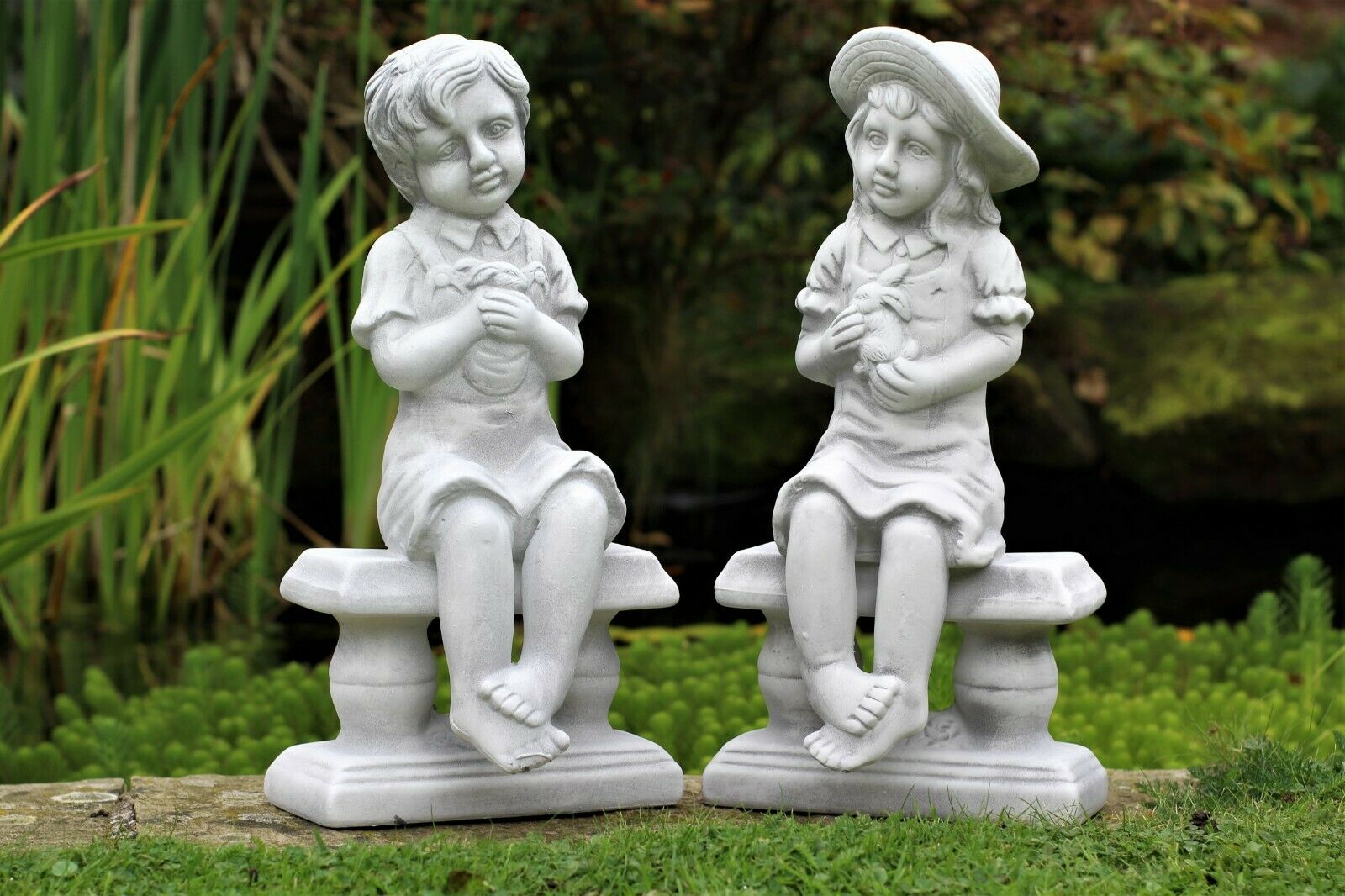 Grey Boy or Girl Cherub Garden Ornament Figures