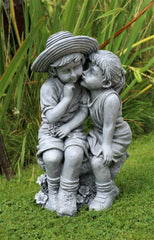 Grey Sitting Boy and Girl Garden Ornament