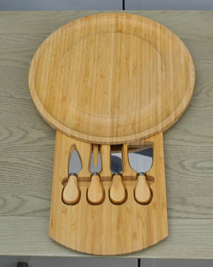 Oval Bamboo Cheese Board with Slide Out Draw & 4 Knives