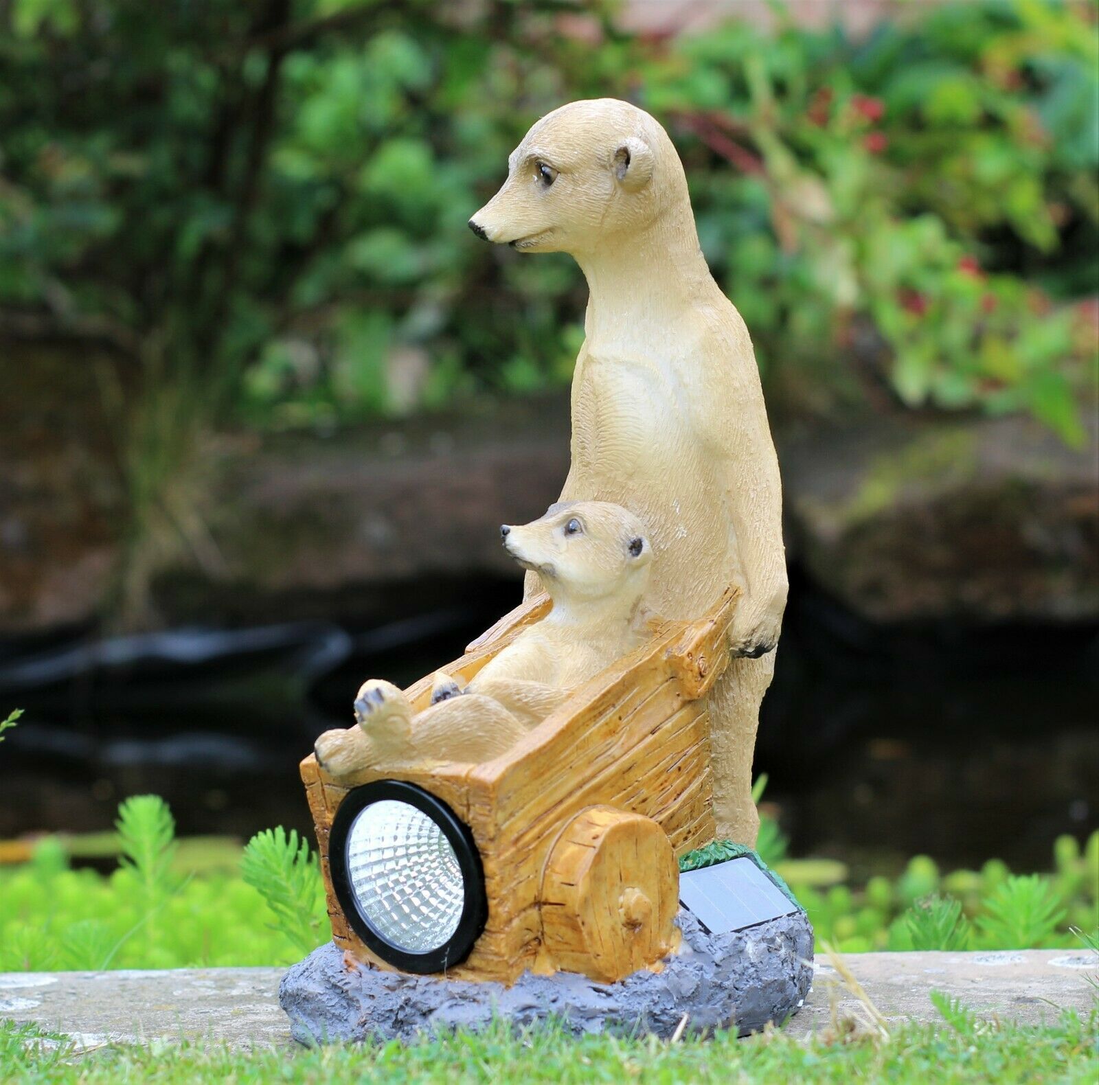 Solar Meerkat Family with Wheelbarrow Garden Ornament