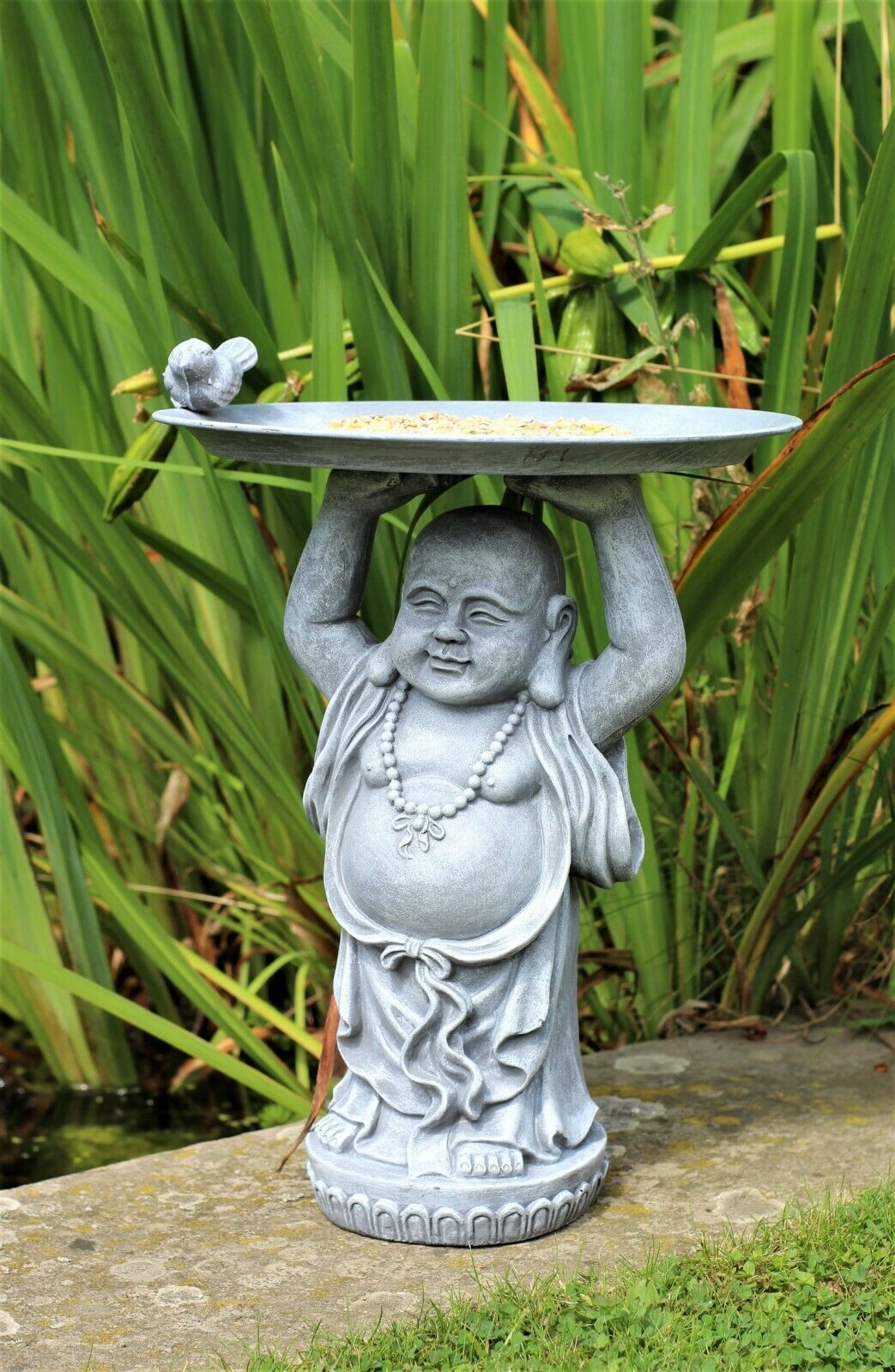 Grey or Copper Buddha Garden Ornament with Bird & Bath Feeder