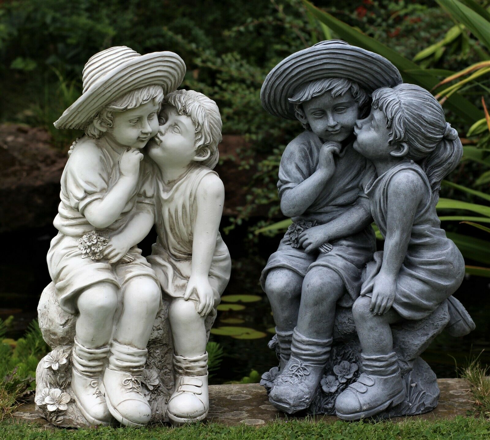 Grey Sitting Boy and Girl Garden Ornament