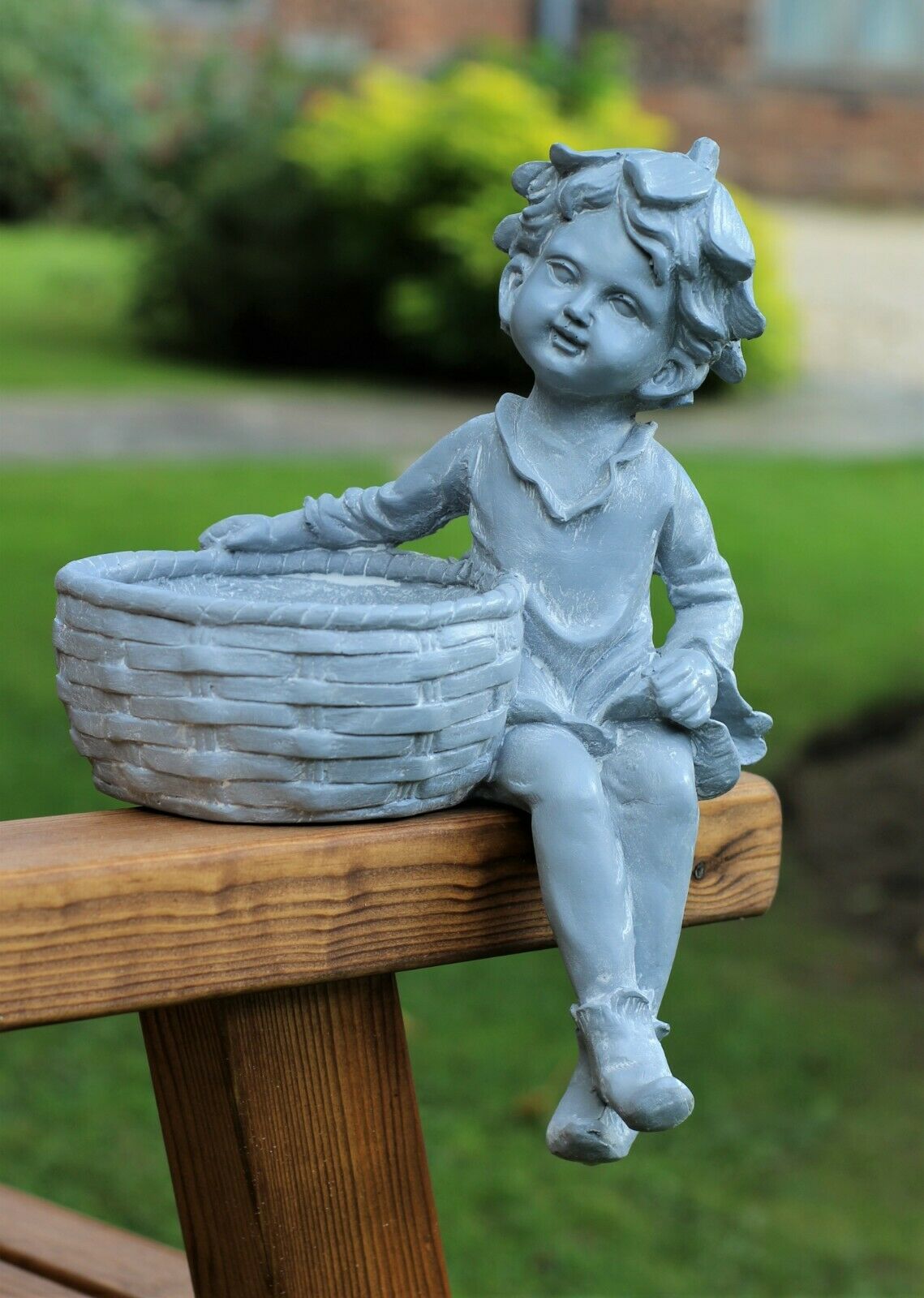 Boy and Girl Sitting Cherubs Grey Planter/Bird Feeder