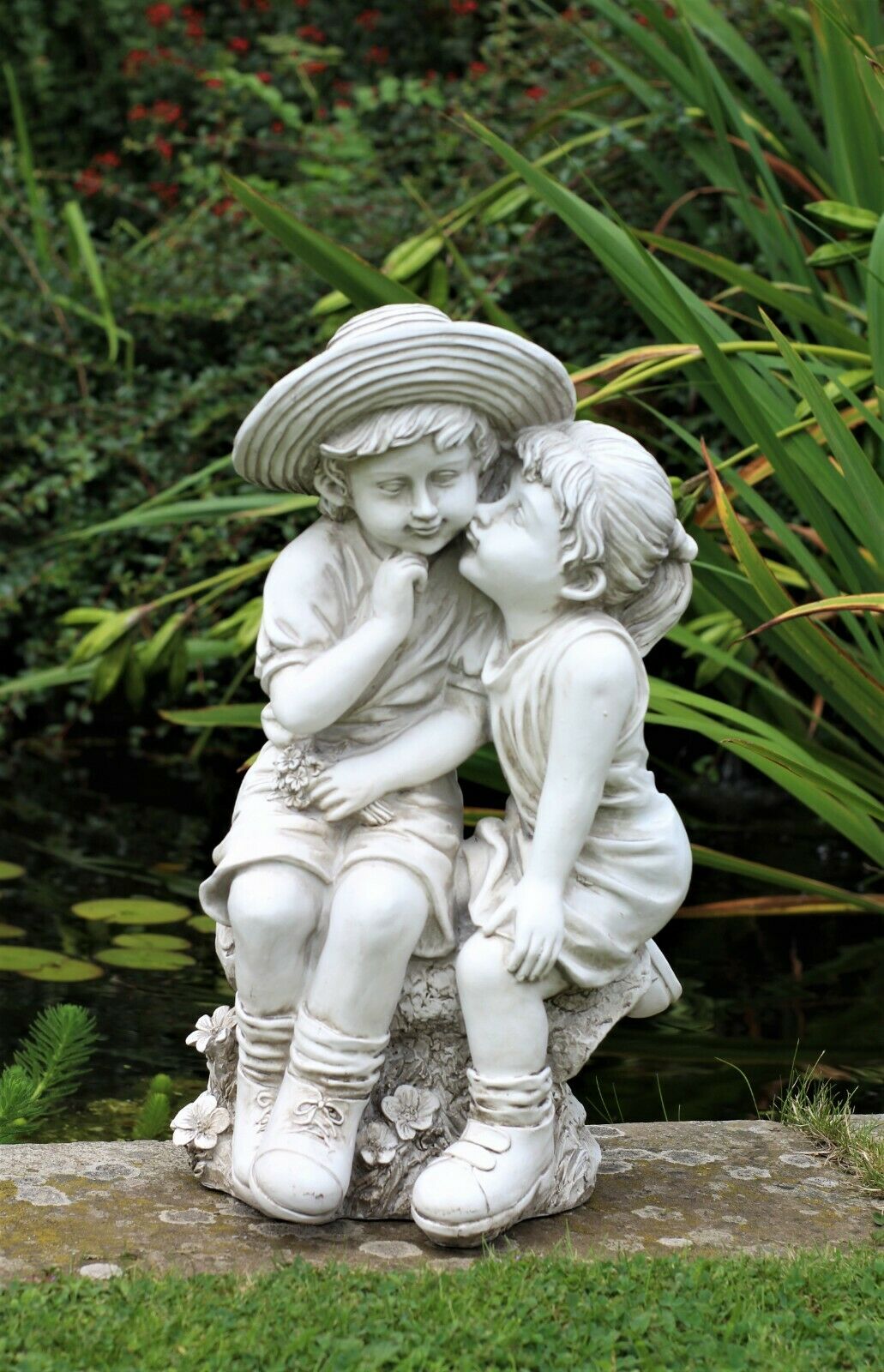 Grey Sitting Boy and Girl Garden Ornament