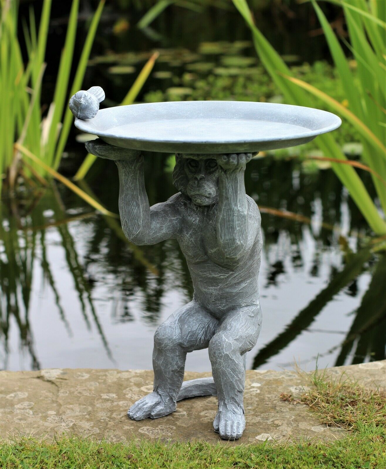 Grey Monkey Garden Ornament with Bird & Bath Feeder