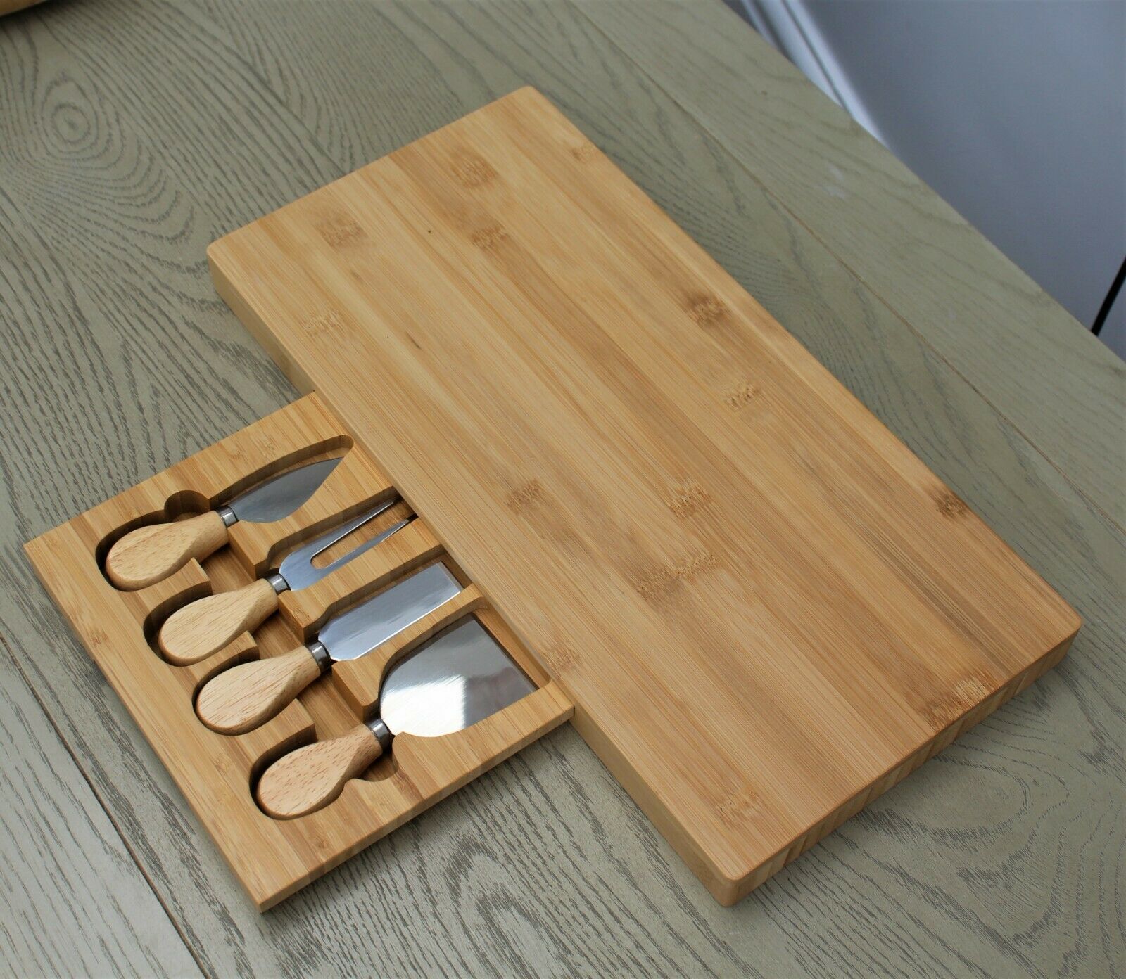 Rectangle Bamboo Cheese Board with Slide Out Draw & 4 Knives