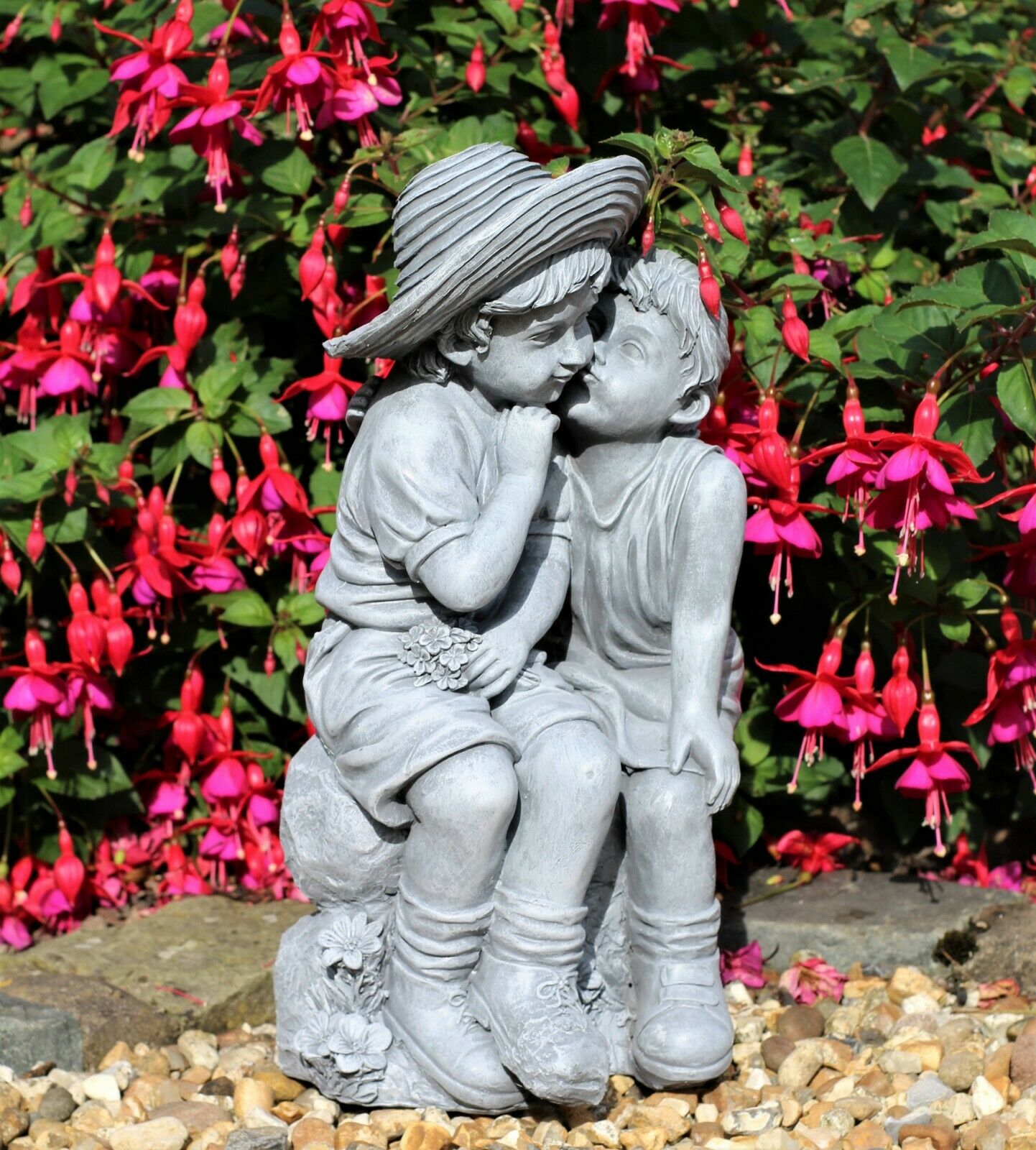 Grey Sitting Boy and Girl Garden Ornament