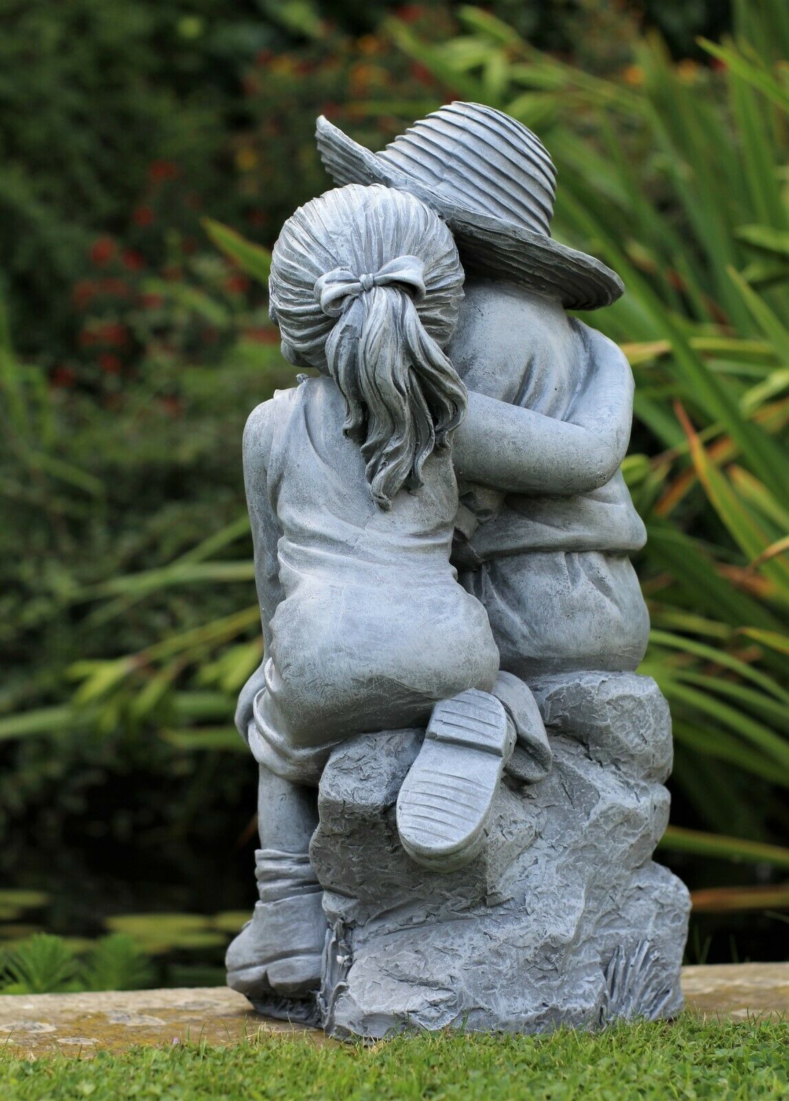 Grey Sitting Boy and Girl Garden Ornament