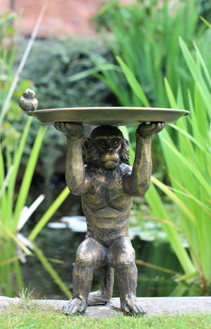 Copper Monkey Garden Ornament with Bird & Bath Feeder