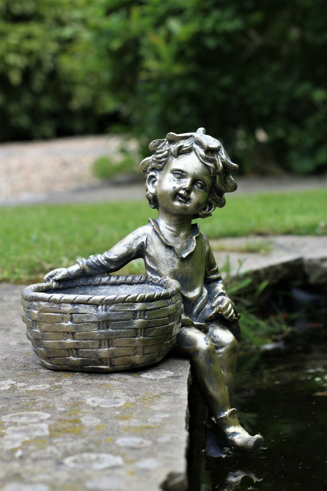 Boy and Girl Sitting Cherubs Planter or Bird Feeder Copper/Slate Grey