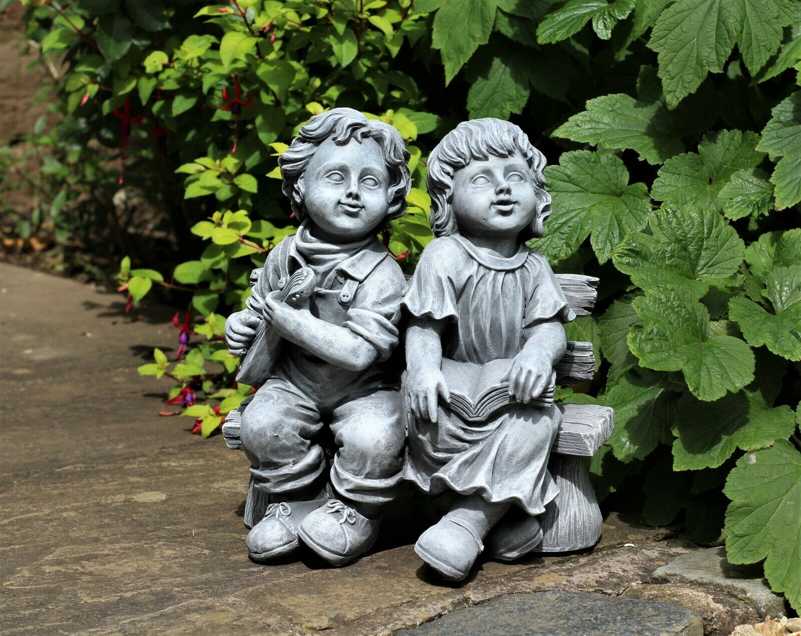 Grey Sitting Boy and Girl Garden Ornament