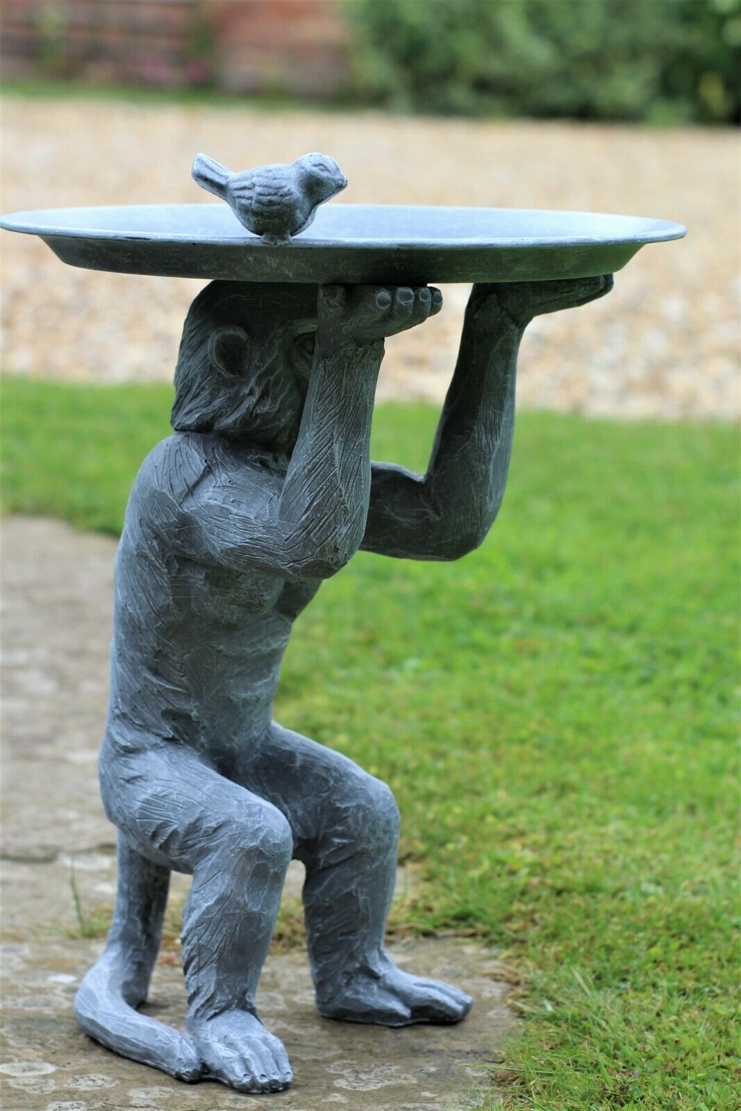 Grey Monkey Garden Ornament with Bird & Bath Feeder