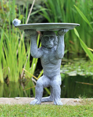 Grey Monkey Garden Ornament with Bird & Bath Feeder