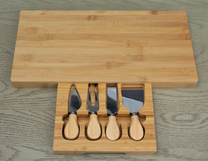 Rectangle Bamboo Cheese Board with Slide Out Draw & 4 Knives