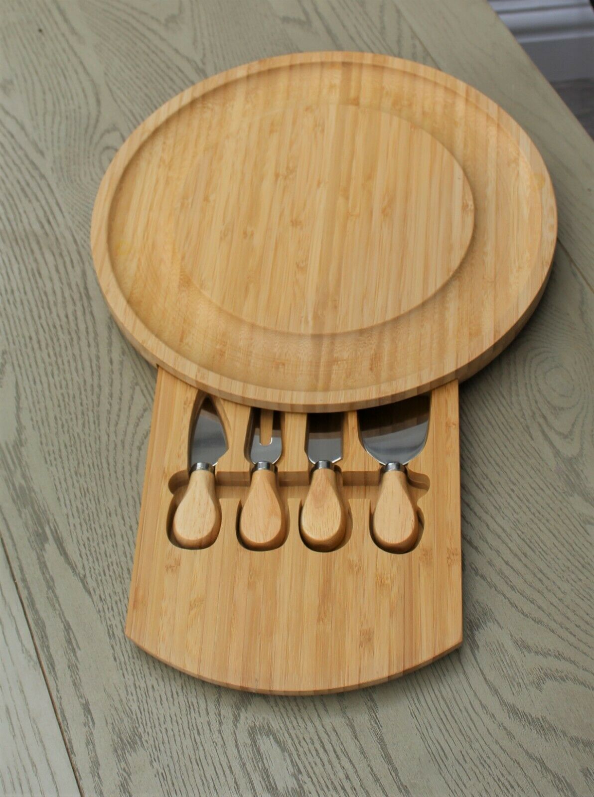 Oval Bamboo Cheese Board with Slide Out Draw & 4 Knives