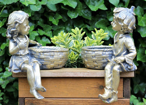 Boy and Girl Sitting Cherubs Planter or Bird Feeder Copper/Slate Grey