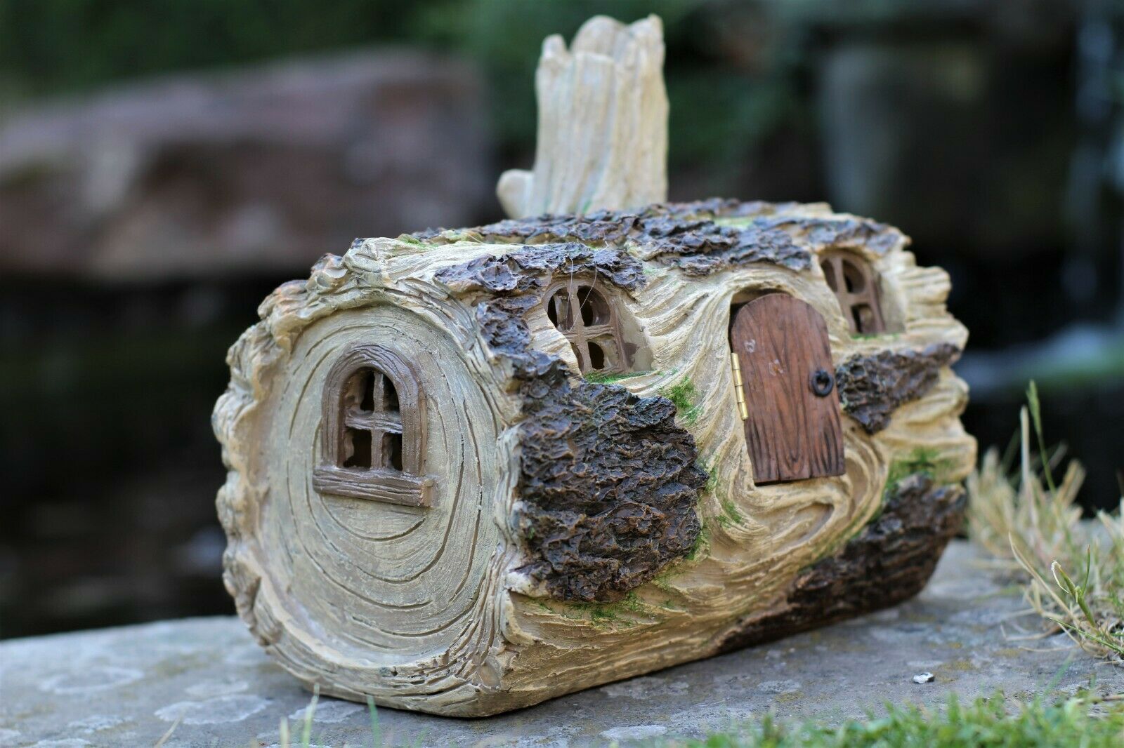 Solar powered Fairy Log House With Opening fairy Door