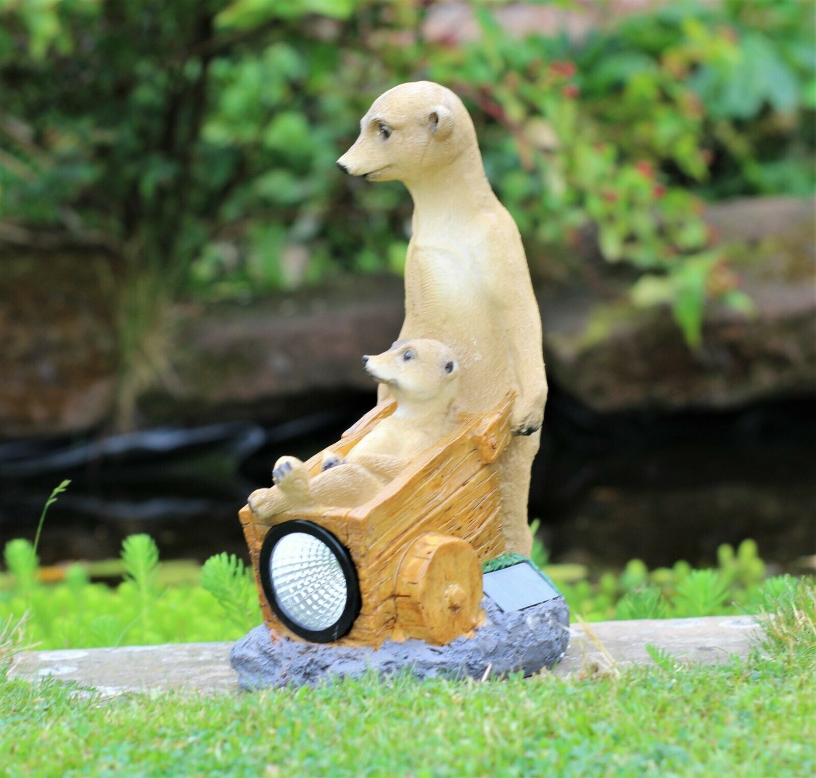 Solar Meerkat Family with Wheelbarrow Garden Ornament