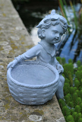 Boy and Girl Sitting Cherubs Grey Planter/Bird Feeder