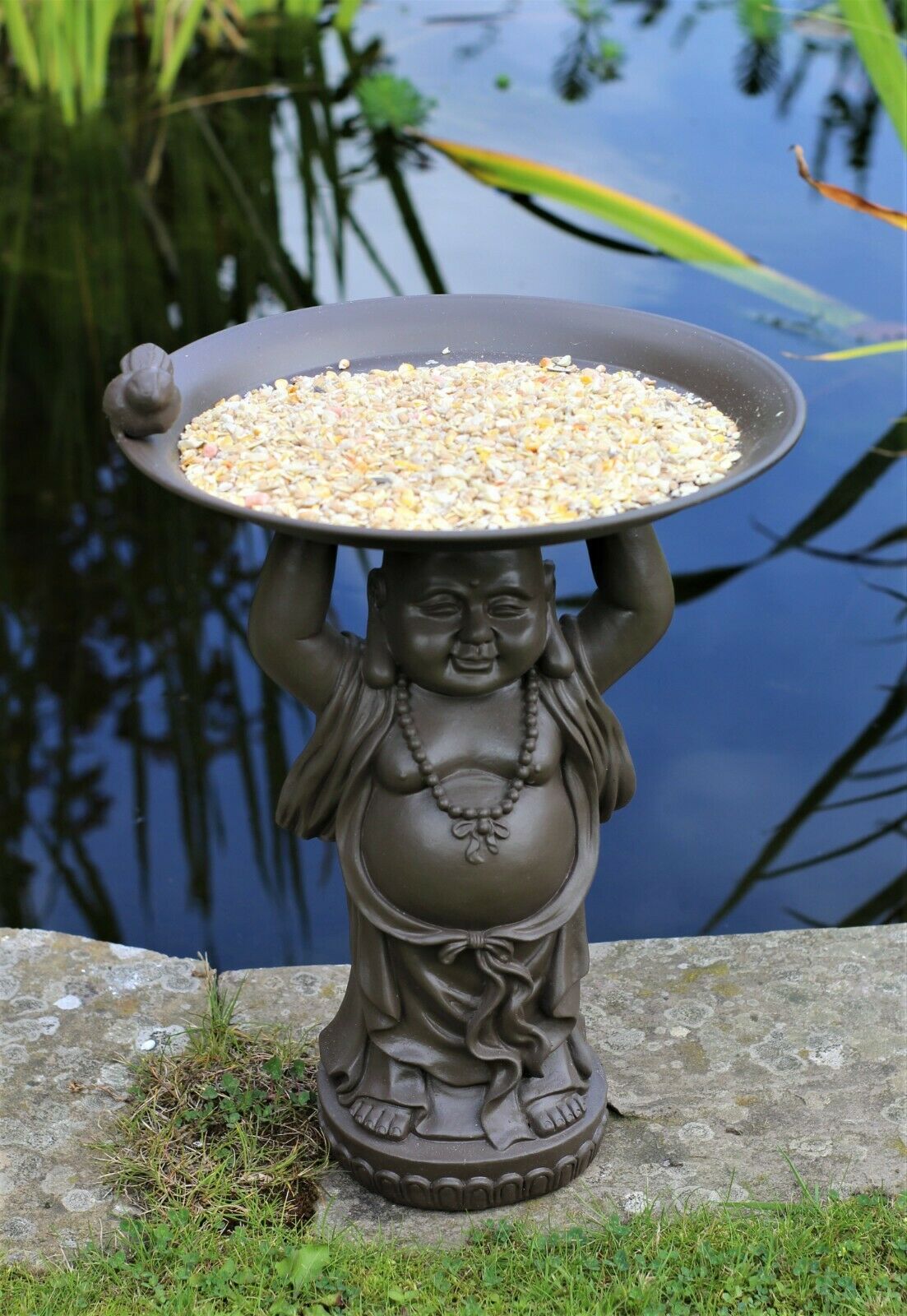 Grey or Copper Buddha Garden Ornament with Bird & Bath Feeder