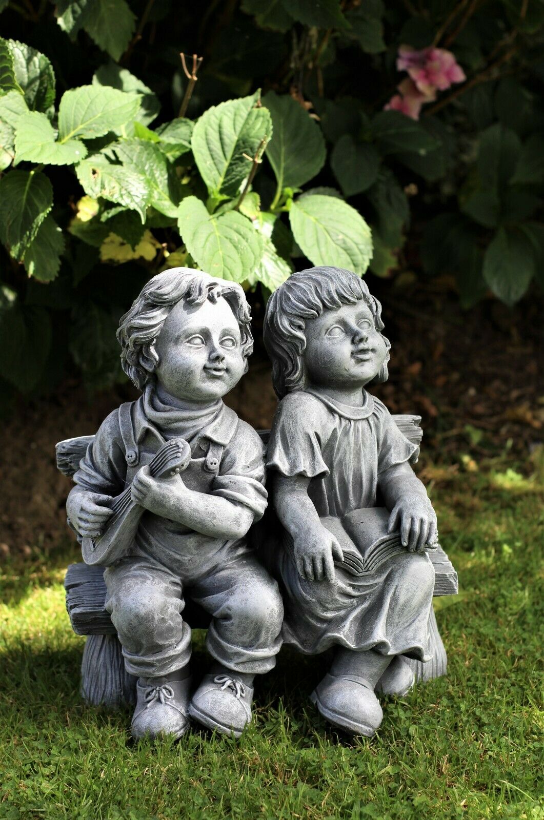 Grey Sitting Boy and Girl Garden Ornament