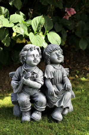 Grey Sitting Boy and Girl Garden Ornament