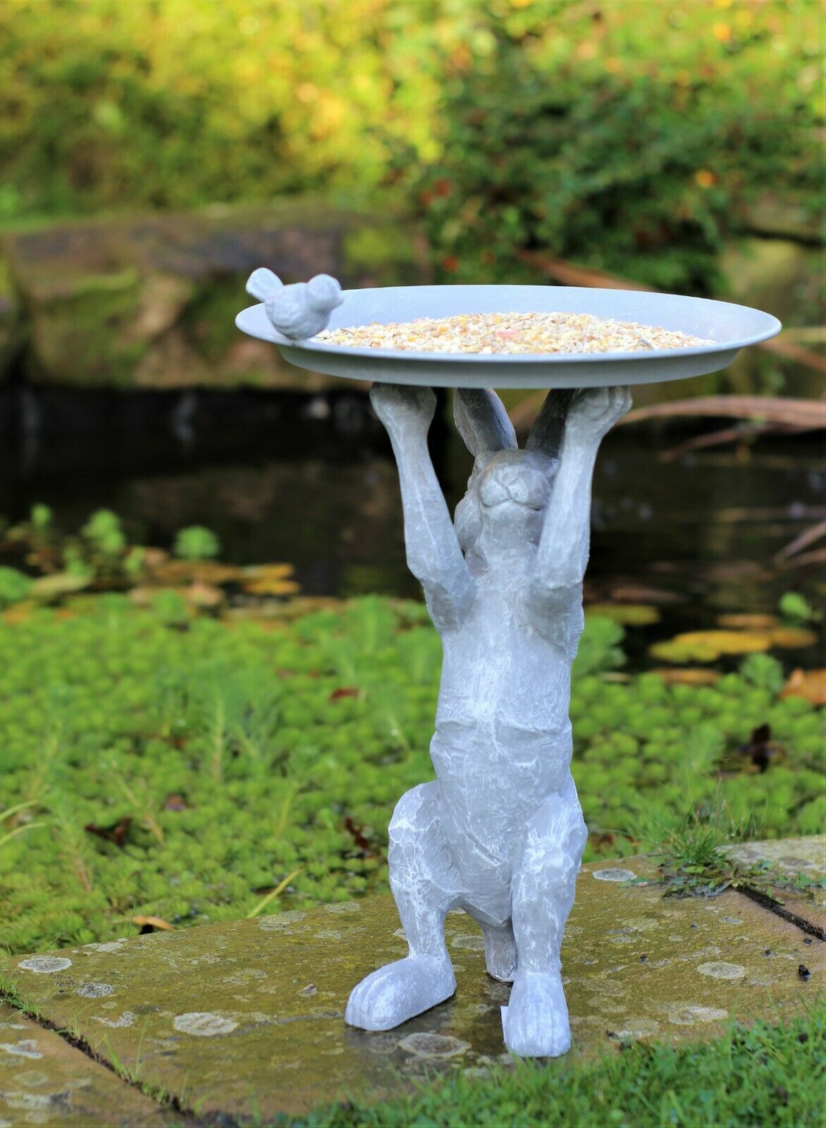 Wild Hare Rabbit Statue & Garden Ornament with Bird & Bath Feeder