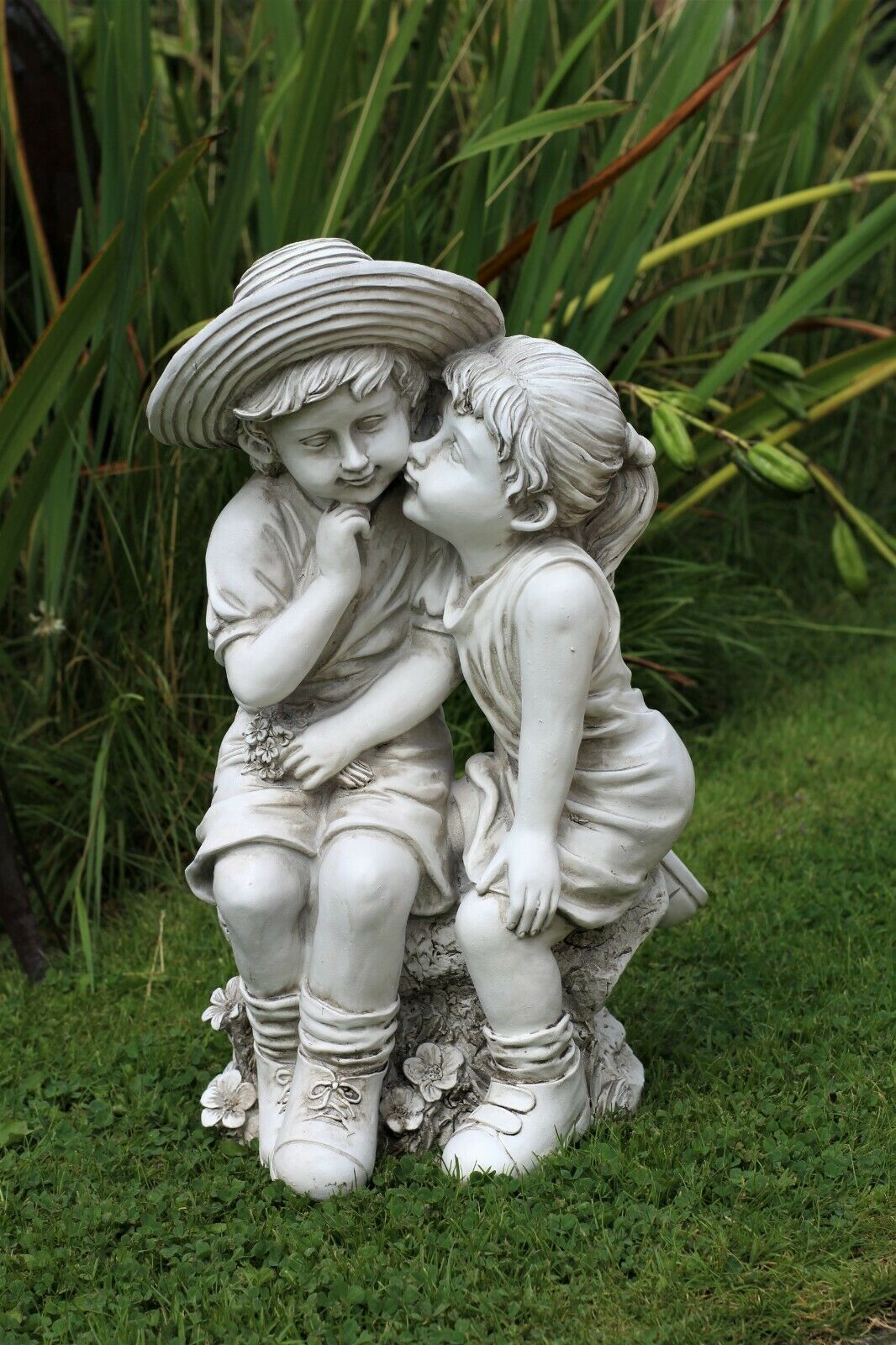 Grey Sitting Boy and Girl Garden Ornament