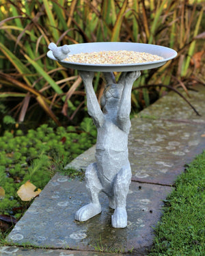 Wild Hare Rabbit Statue & Garden Ornament with Bird & Bath Feeder
