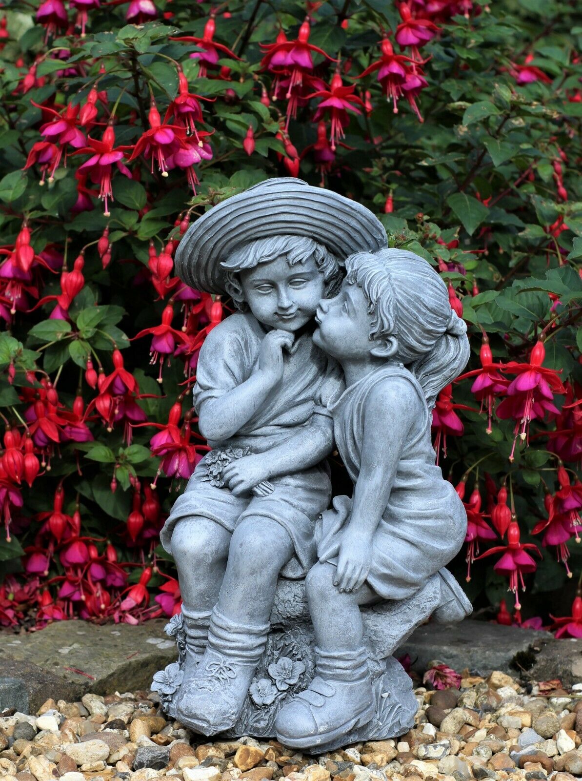 Grey Sitting Boy and Girl Garden Ornament