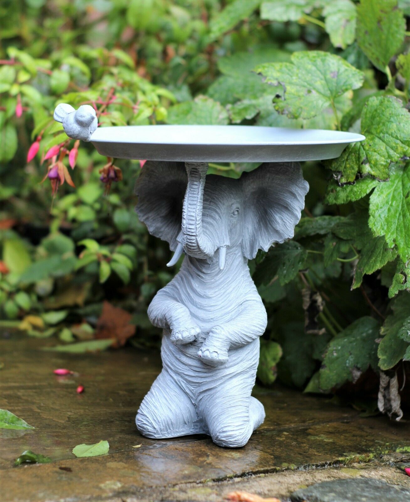 Grey Elephant Statue with Bird & Bath Feeder