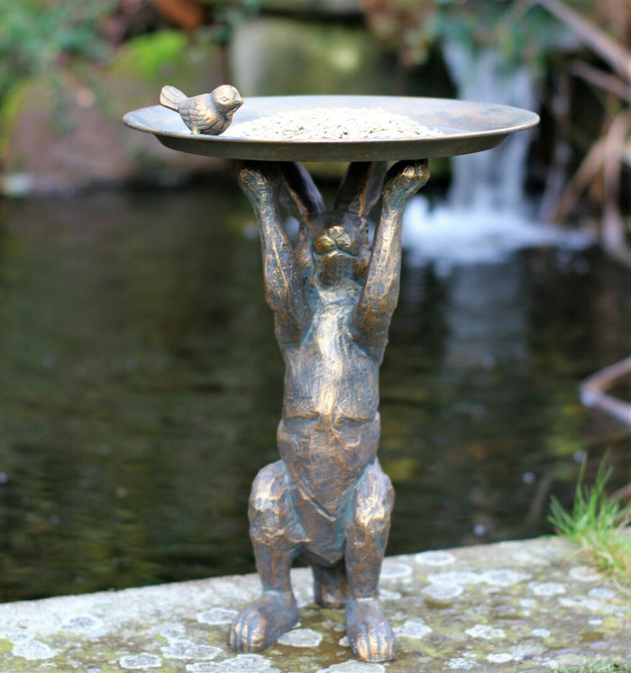 Rabbit Statue & Garden Ornament with Bird & Bath Feeder