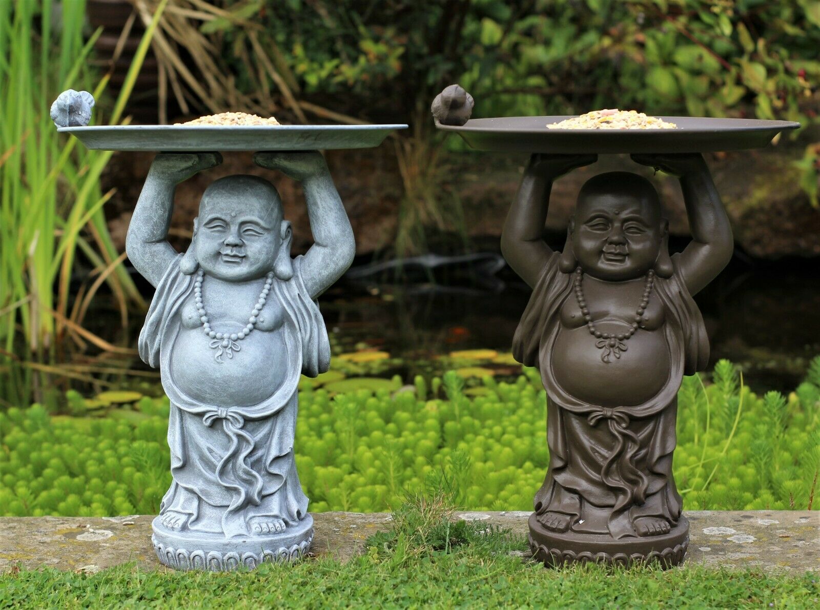 Grey or Copper Buddha Garden Ornament with Bird & Bath Feeder