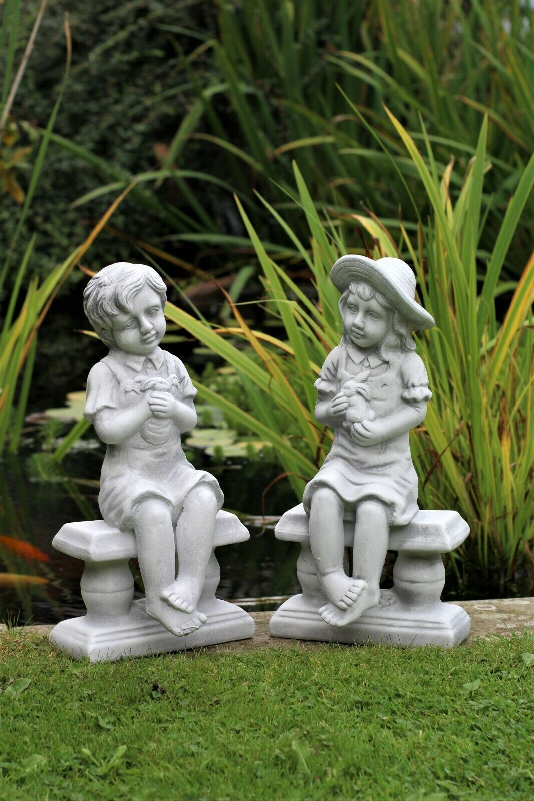 Grey Boy or Girl Cherub Garden Ornament Figures