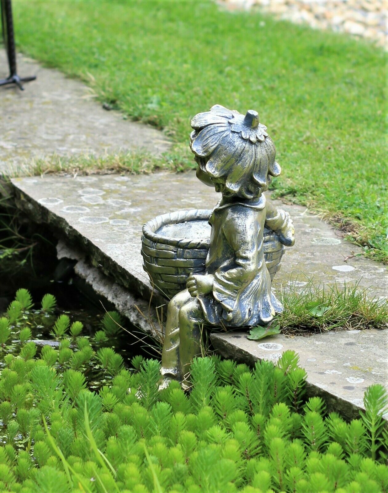 Boy and Girl Sitting Cherubs Planter or Bird Feeder Copper/Slate Grey