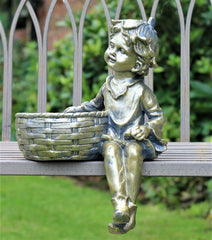 Boy and Girl Sitting Cherubs Planter or Bird Feeder Copper/Slate Grey