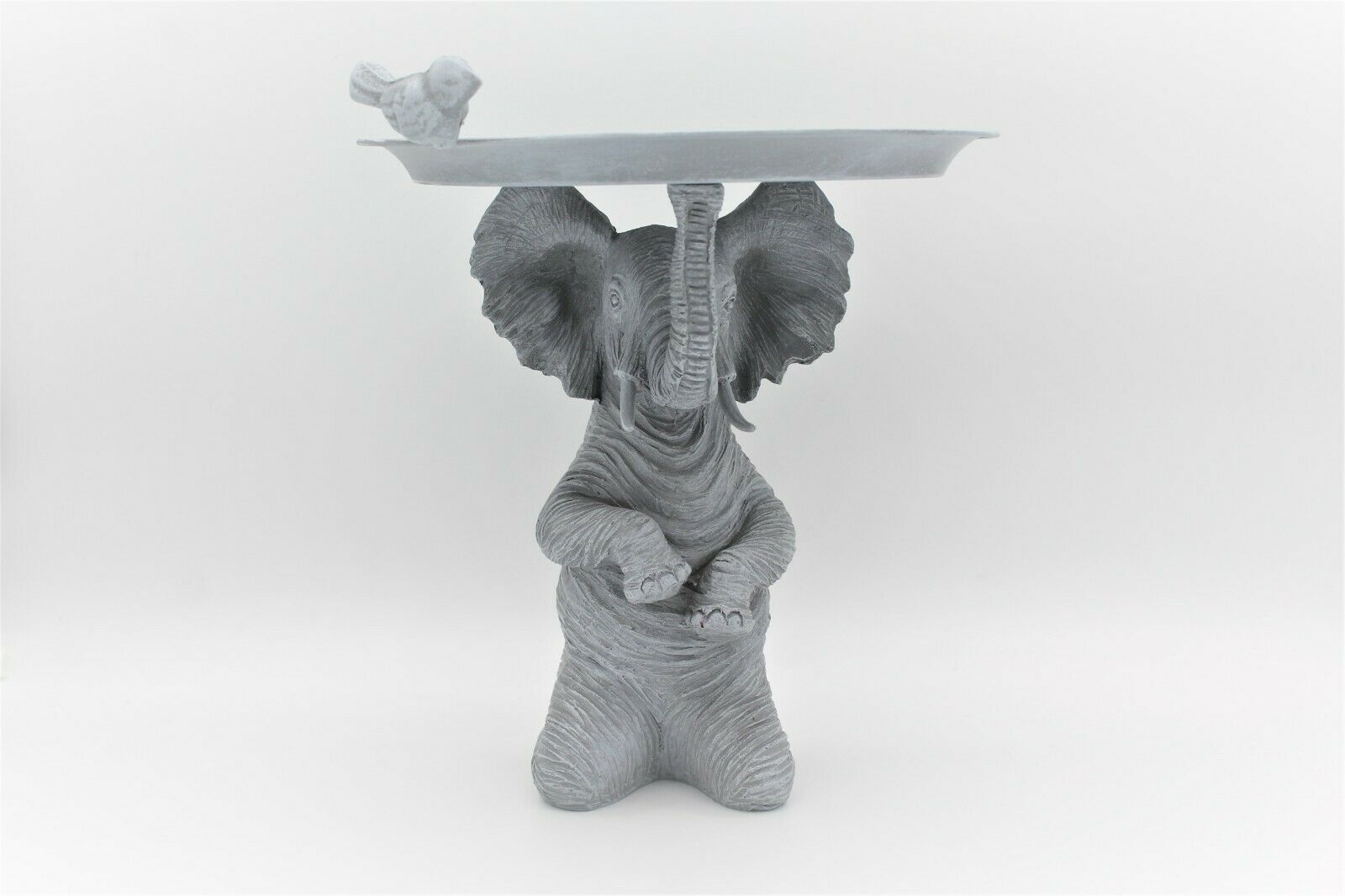 Grey Elephant Statue with Bird & Bath Feeder