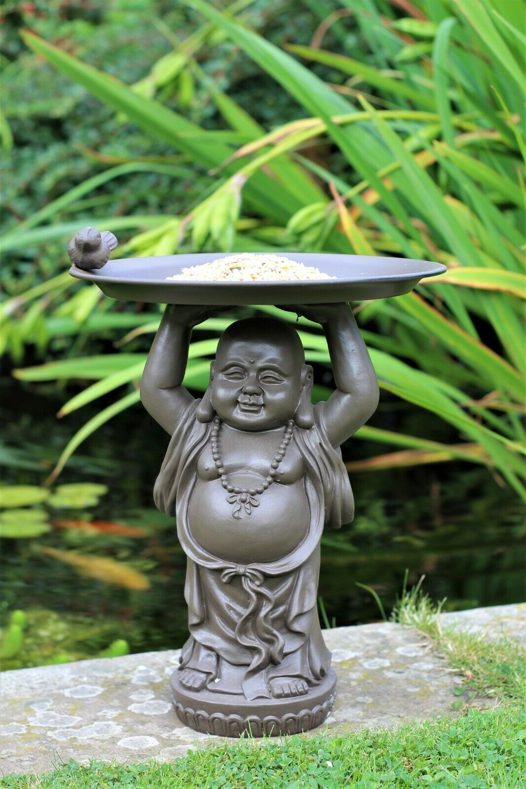 Grey or Copper Buddha Garden Ornament with Bird & Bath Feeder