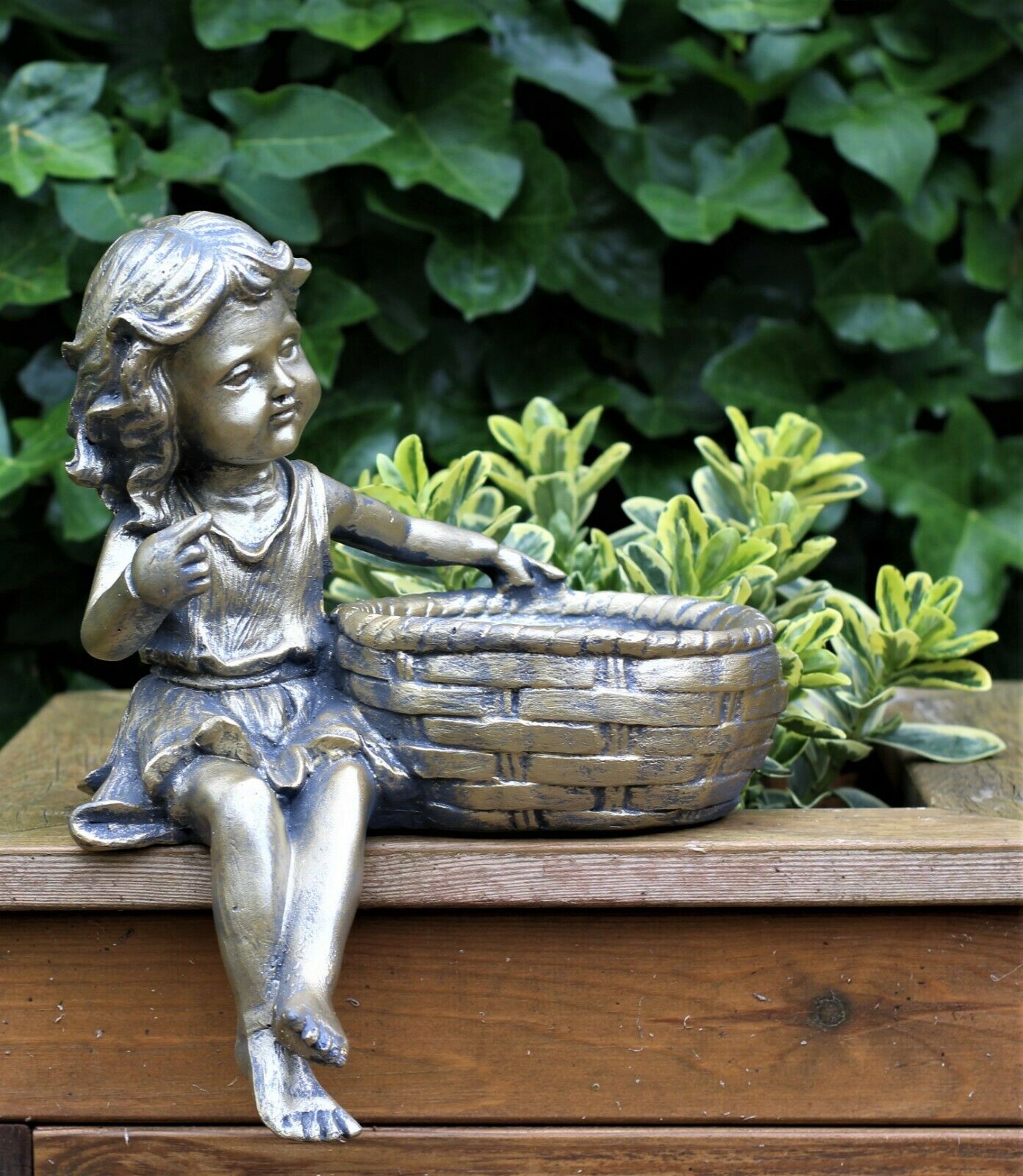 Boy and Girl Sitting Cherubs Planter or Bird Feeder Copper/Slate Grey