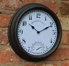 Rust Effect Garden Station Wall Clock with Thermometer