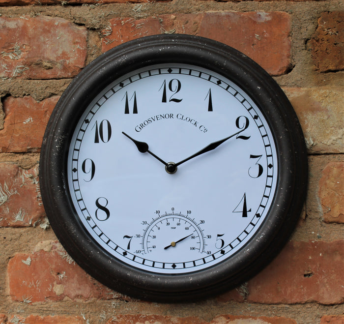 Rust Effect Garden Station Wall Clock with Thermometer