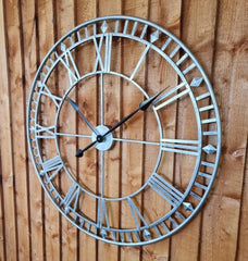 Large Antique Silver Metal Skeleton Clock