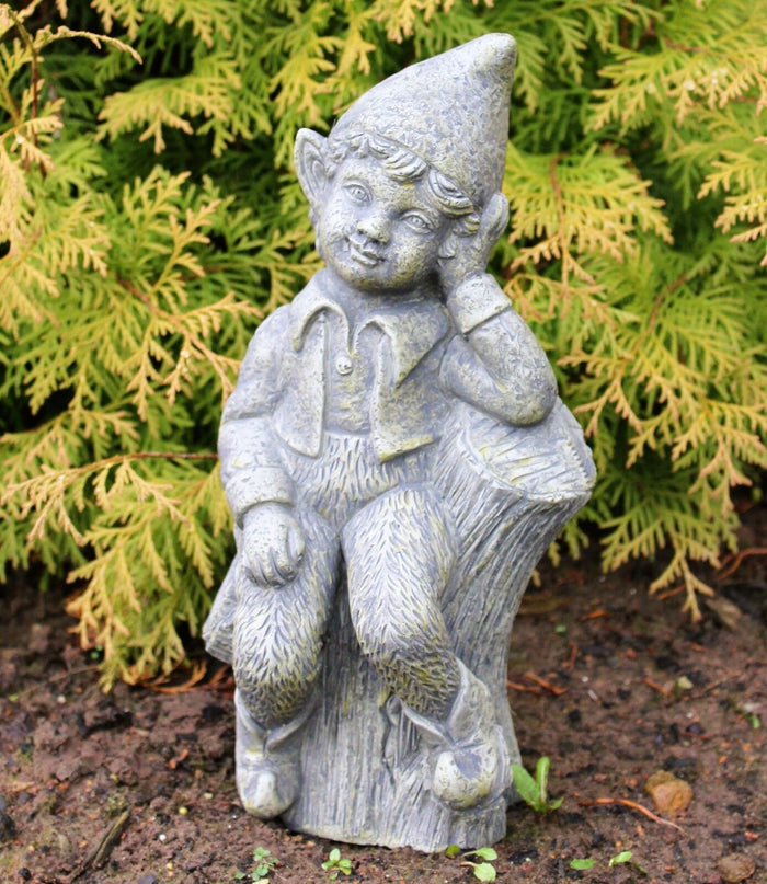 Solid Stone Boy Sitting on Log Garden Ornament